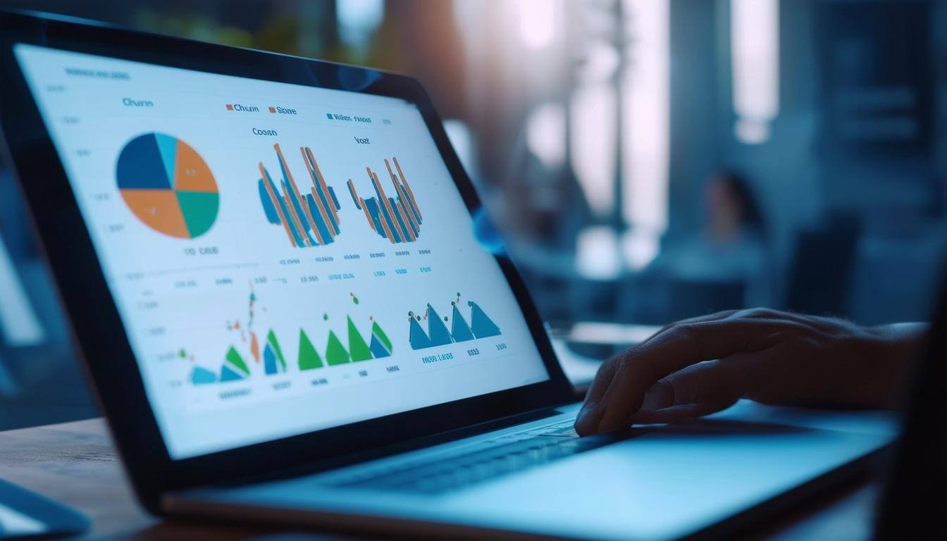 An image of a chart showing key SaaS metrics such as churn rate, customer lifetime value, and customer acquisition cost being tracked and analyzed by